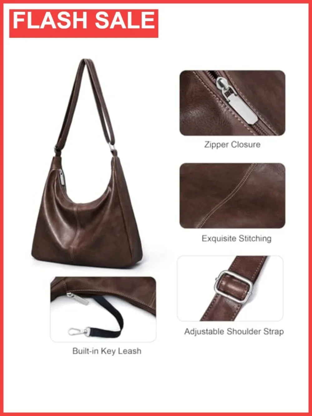 Vegan Leather Hobo Shoulder Bag Slouchy Tote with Zipper